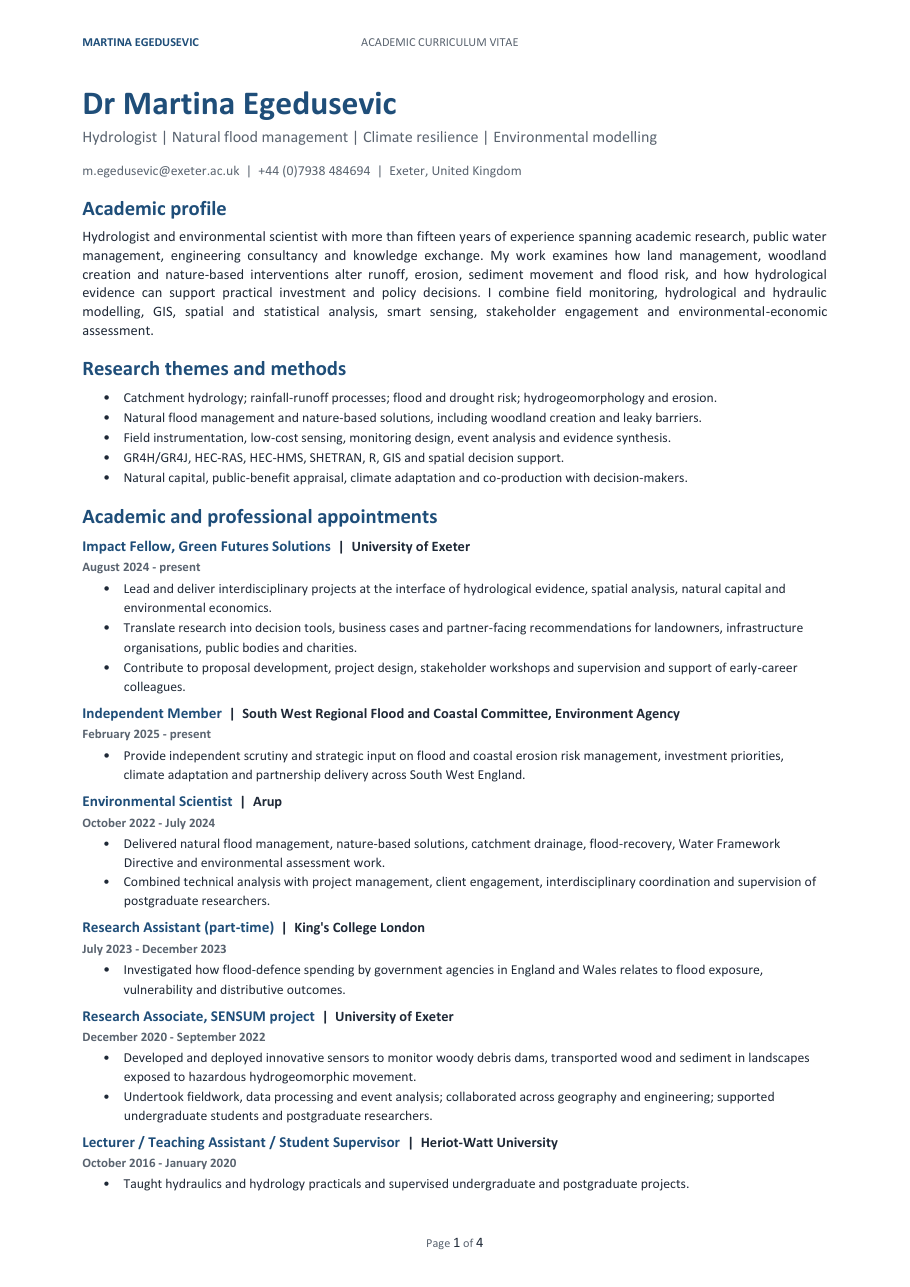 Preview of the first page of Martina Egedusevic's academic CV